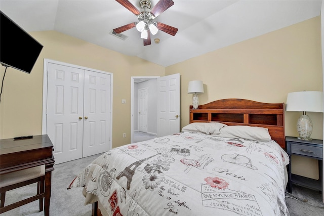 12010 Piney Bend Dr, Tomball, TX 77375 - bedroom with carpet, vaulted ceiling, a closet, and ceiling fan