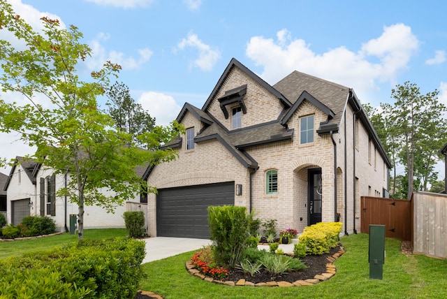 221 Sky Top Dr, Montgomery, TX 77316 - french country style house featuring concrete driveway, brick siding, roof with shingles, and a garage