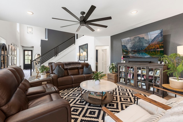 221 Sky Top Dr, Montgomery, TX 77316 - living room with ceiling fan, stairs, recessed lighting, and wood finished floors