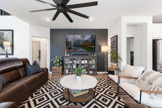 221 Sky Top Dr, Montgomery, TX 77316 - living room with ceiling fan, baseboards, wood finished floors, and recessed lighting