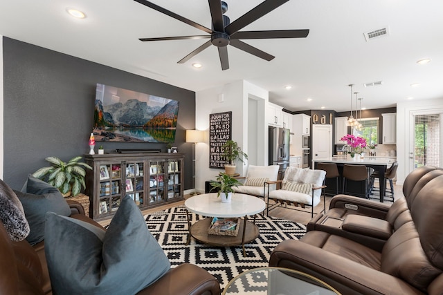 221 Sky Top Dr, Montgomery, TX 77316 - living room featuring ceiling fan, wood finished floors, and recessed lighting