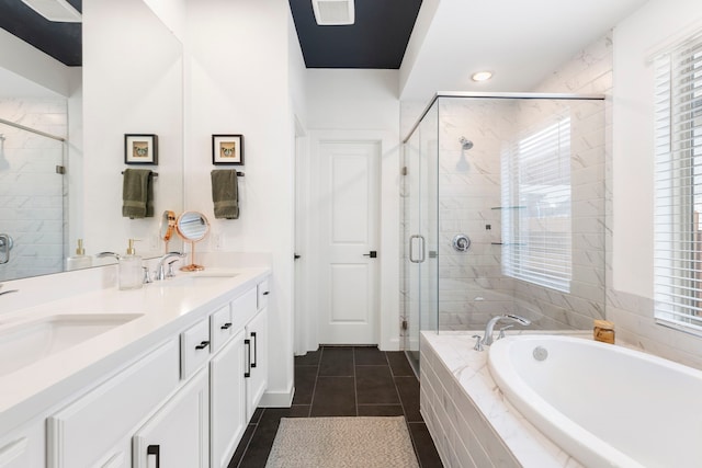221 Sky Top Dr, Montgomery, TX 77316 - full bath with a garden tub, a stall shower, double vanity, tile patterned floors, and recessed lighting