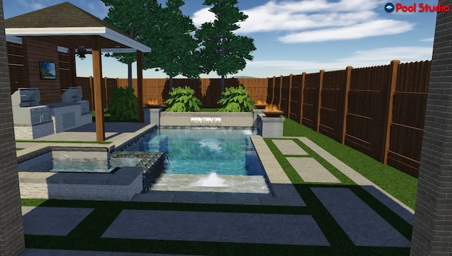 221 Sky Top Dr, Montgomery, TX 77316 - view of pool featuring area for grilling, a fenced backyard, and a pool with connected hot tub