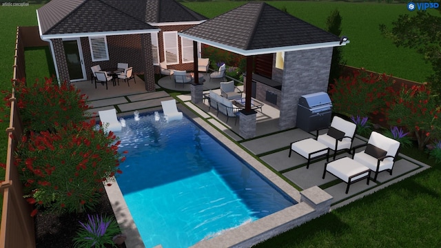 221 Sky Top Dr, Montgomery, TX 77316 - swimming pool with an outdoor living space with a fireplace, a gazebo, area for grilling, an outdoor structure, and a patio
