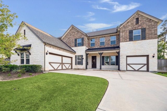 40805 Iver Ln, Magnolia, TX 77354 - view of front facade with concrete driveway, stone siding, a front lawn, and roof with shingles