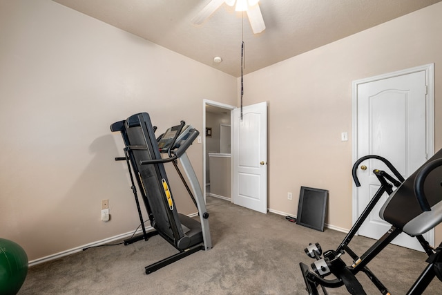 4907 Sienna Heights Ln, Pasadena, TX 77505 - exercise room with ceiling fan, baseboards, and carpet floors