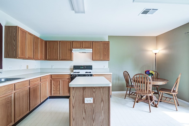 3403 Wheatfield Ct, Pearland, TX 77581 - kitchen with under cabinet range hood, white range with gas stovetop, a sink, light countertops, and baseboards