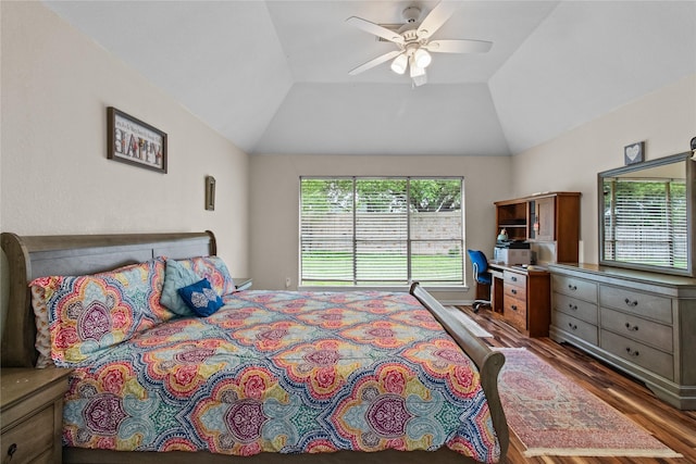 5523 Waverdale Ct, Sugar Land, TX 77479 - bedroom featuring wood finished floors, lofted ceiling, and ceiling fan