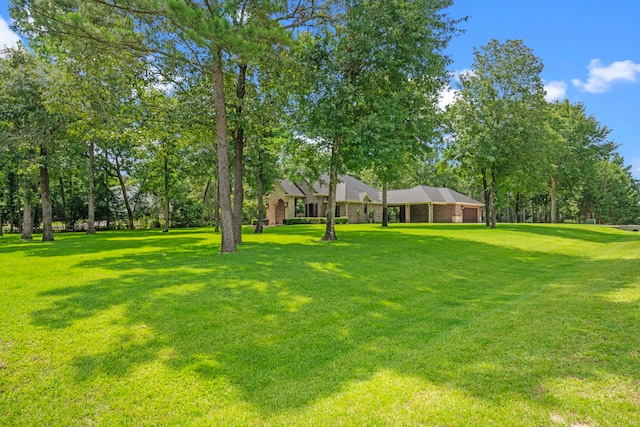 261 Ridge Lake Dr, Montgomery, TX 77316 - view of grassy yard featuring a garage and view of wooded area