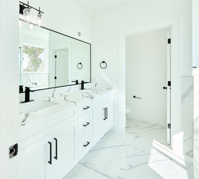 3508 Sauer St, Houston, TX 77004 - full bathroom with toilet, double vanity, and marble finish flooring
