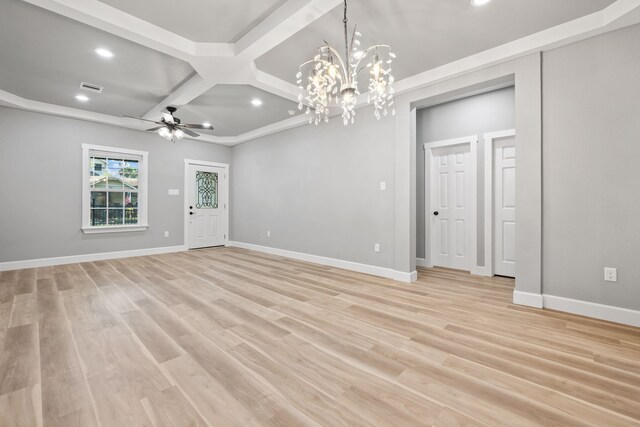 7024 Avenue Ave E, Houston, TX 77011 - unfurnished living room featuring coffered ceiling, recessed lighting, baseboards, a ceiling fan, and a chandelier