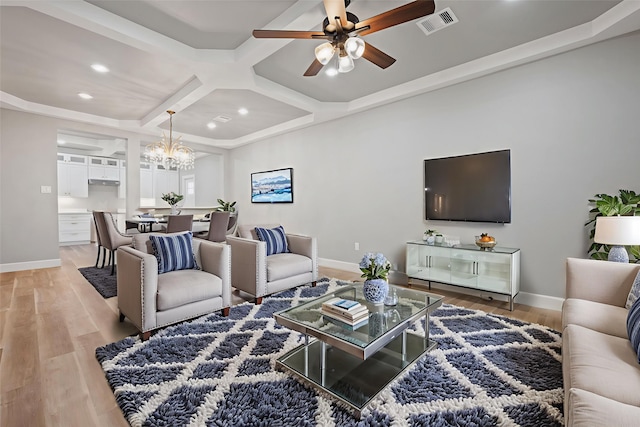 7024 Avenue Ave E, Houston, TX 77011 - living room featuring coffered ceiling, baseboards, recessed lighting, a ceiling fan, and light wood-type flooring