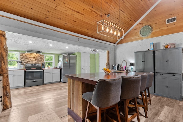 9 Wood Forest Dr, New Waverly, TX 77358 - kitchen featuring appliances with stainless steel finishes, a sink, light wood-style floors, wooden ceiling, and an island with sink