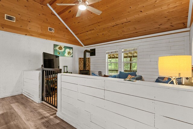 9 Wood Forest Dr, New Waverly, TX 77358 - bedroom featuring wooden ceiling, lofted ceiling, a wood stove, wood finished floors, and wood walls