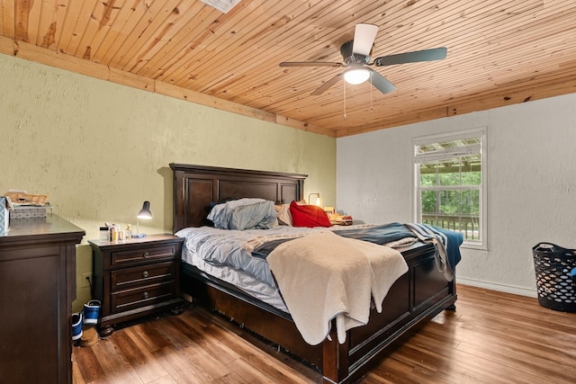 9 Wood Forest Dr, New Waverly, TX 77358 - bedroom featuring a textured wall, wood ceiling, wood finished floors, a ceiling fan, and baseboards