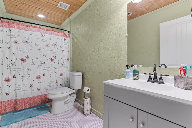 9 Wood Forest Dr, New Waverly, TX 77358 - full bath with wooden ceiling, ornamental molding, vanity, toilet, and a textured wall