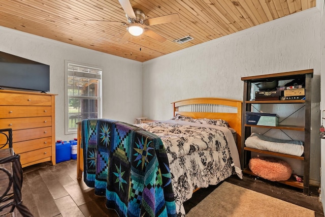 9 Wood Forest Dr, New Waverly, TX 77358 - bedroom featuring wooden ceiling, ornamental molding, a textured wall, and a ceiling fan