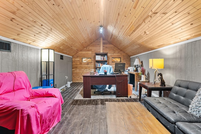 9 Wood Forest Dr, New Waverly, TX 77358 - home office featuring hardwood / wood-style flooring, wooden walls, lofted ceiling, and wood ceiling