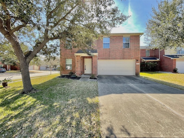 21807 Olympia Springs Ln, Katy, TX 77449 - traditional-style house featuring an attached garage, driveway, a front lawn, and brick siding
