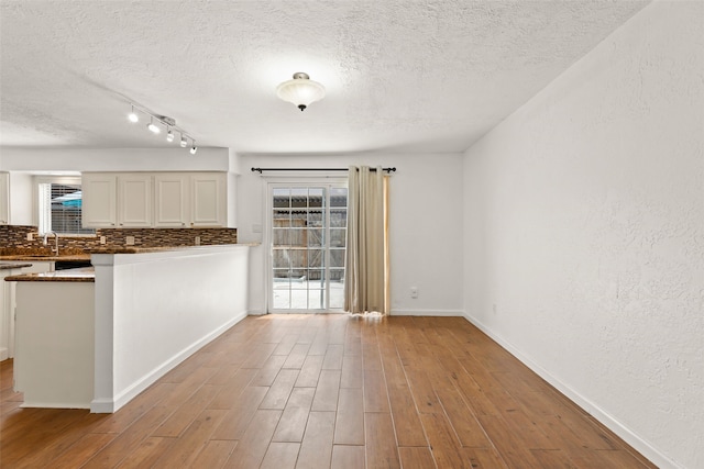 14721 Perthshire Rd, Houston, TX 77079 - kitchen featuring a textured ceiling, baseboards, wood finished floors, and backsplash