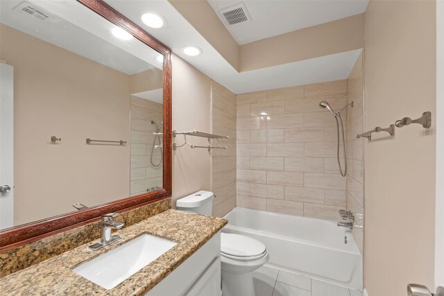 14721 Perthshire Rd, Houston, TX 77079 - bathroom featuring vanity, toilet, shower / bathtub combination, and recessed lighting