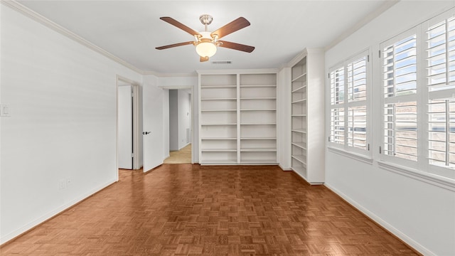 4868 Post Oak Timber Dr, Houston, TX 77056 - unfurnished room featuring ceiling fan, crown molding, and built in features