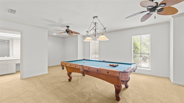 4868 Post Oak Timber Dr, Houston, TX 77056 - game room with carpet, billiards table, ceiling fan, and ornamental molding
