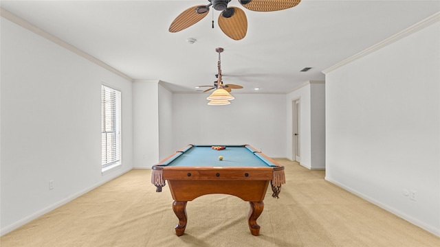 4868 Post Oak Timber Dr, Houston, TX 77056 - game room featuring crown molding, light carpet, ceiling fan, and pool table
