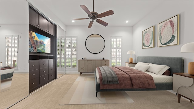 4868 Post Oak Timber Dr, Houston, TX 77056 - bedroom featuring light colored carpet, recessed lighting, and ceiling fan
