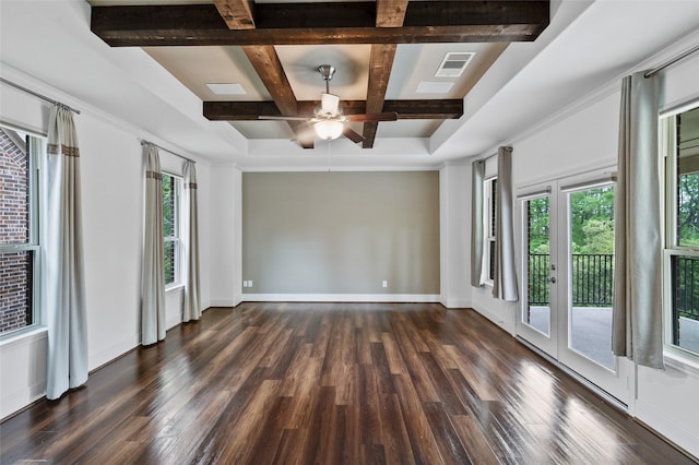 211 Twilight Toast Dr, Conroe, TX 77304 - empty room with a ceiling fan, coffered ceiling, dark wood-type flooring, beam ceiling, and baseboards