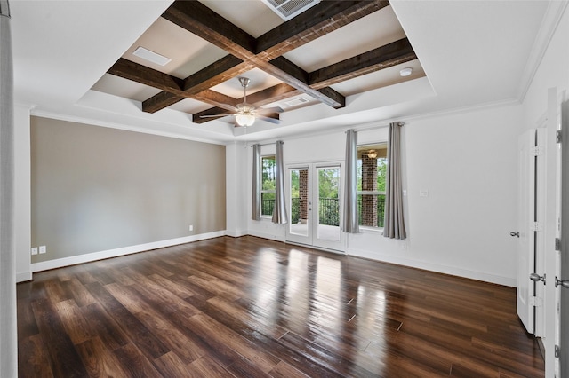 211 Twilight Toast Dr, Conroe, TX 77304 - spare room with ceiling fan, coffered ceiling, wood finished floors, beamed ceiling, and baseboards