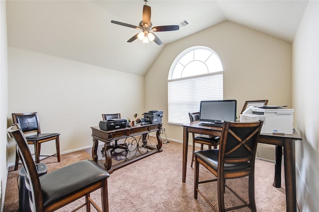 4247 Duneberry Trl, Humble, TX 77346 - office featuring a ceiling fan, light colored carpet, and lofted ceiling