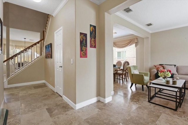 20806 Medallion Pointe Dr, Katy, TX 77450 - hallway featuring baseboards, stairs, and crown molding