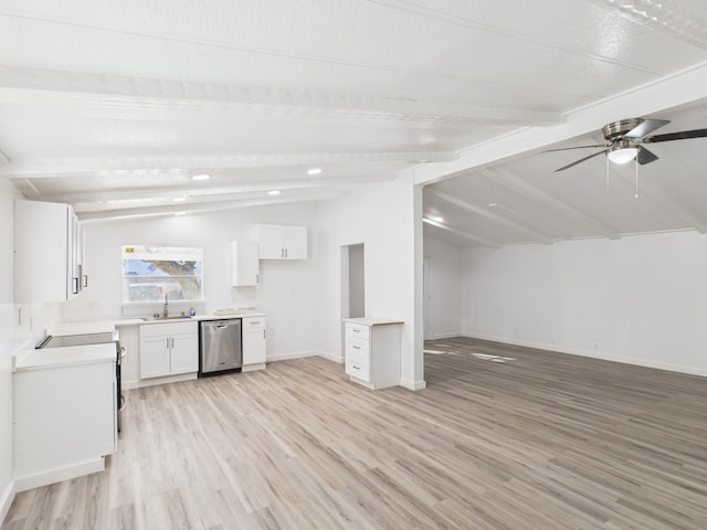 314 S 7th St, Rockport, TX 78382 - kitchen featuring stainless steel dishwasher, light wood-style flooring, open floor plan, white cabinetry, and ceiling fan