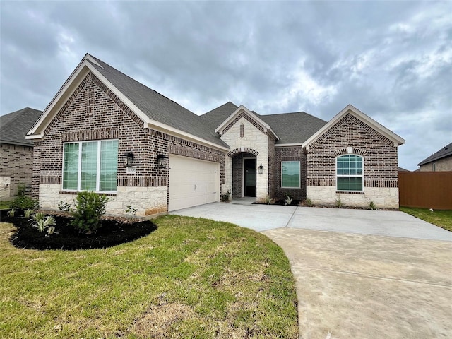 1806 Grass Valley Dr, Iowa Colony, TX 77583 - view of front of house with stone siding, a garage, driveway, and brick siding