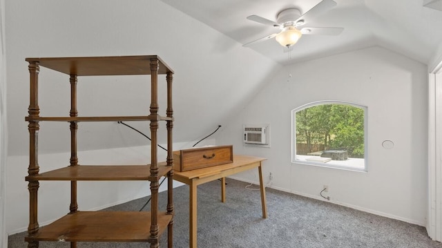 368 Riddle Rd, Cedar Creek, TX 78612 - carpeted office space with lofted ceiling, ceiling fan, baseboards, and a wall unit AC
