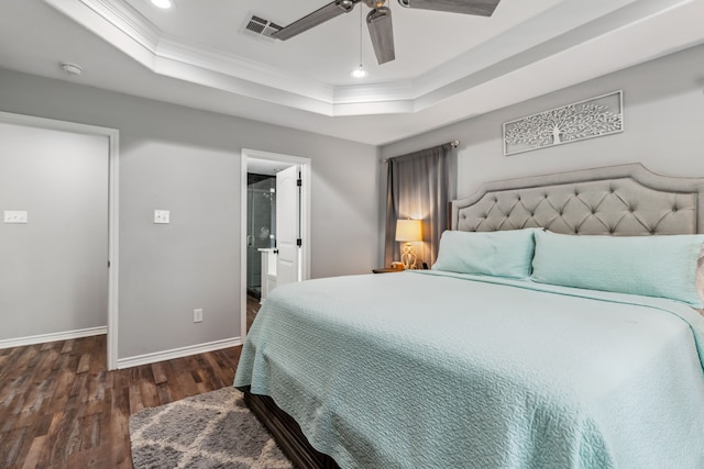 129 Bridgepoint, Onalaska, TX 77360 - bedroom with a tray ceiling, ornamental molding, wood finished floors, recessed lighting, and baseboards