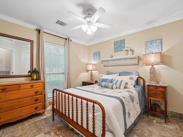 136 Fantail St, Magnolia, TX 77355 - bedroom featuring stone finish flooring, crown molding, and a ceiling fan