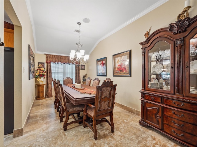136 Fantail St, Magnolia, TX 77355 - dining room with a chandelier, ornamental molding, baseboards, and vaulted ceiling