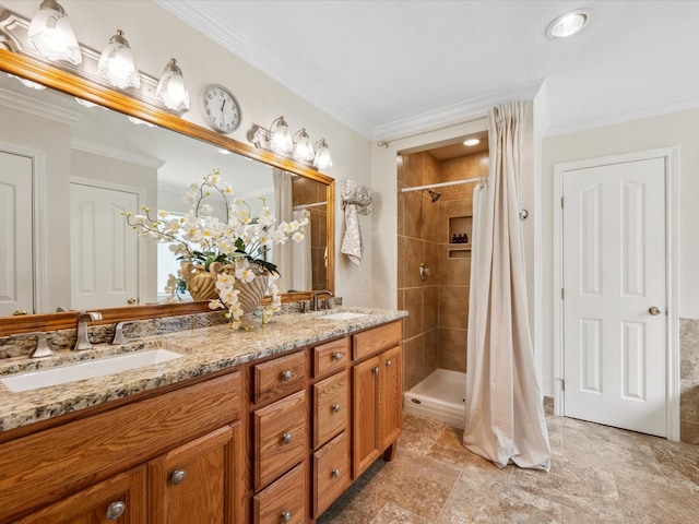 136 Fantail St, Magnolia, TX 77355 - bathroom featuring double vanity, ornamental molding, and tiled shower