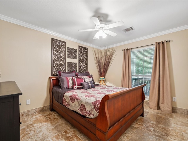 136 Fantail St, Magnolia, TX 77355 - bedroom featuring crown molding, ceiling fan, and stone finish floors