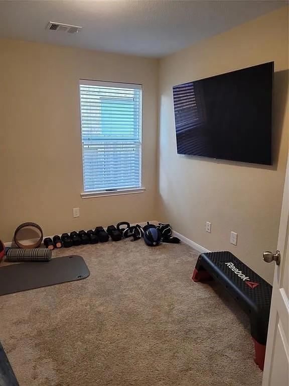 17023 Tallgrass Prairie Ln, Humble, TX 77346 - workout room with carpet floors and baseboards