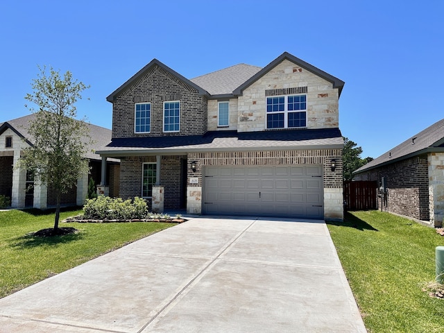 6139 White Spruce Dr, Conroe, TX 77304 - traditional-style house featuring a garage, concrete driveway, brick siding, stone siding, and roof with shingles