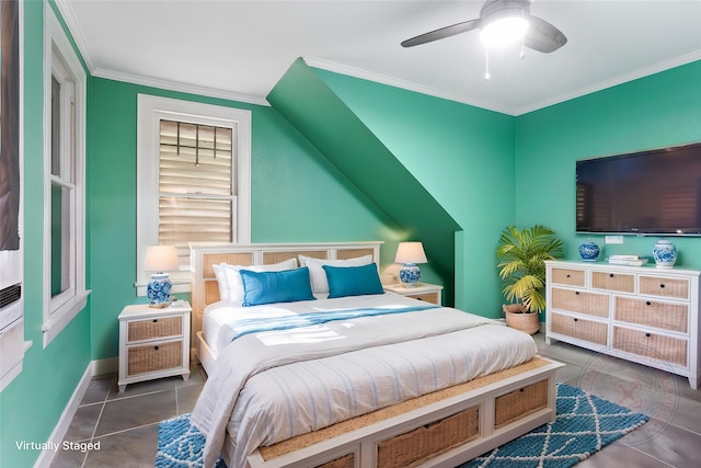2616 45th St, Galveston, TX 77550 - tiled bedroom featuring crown molding, ceiling fan, and baseboards