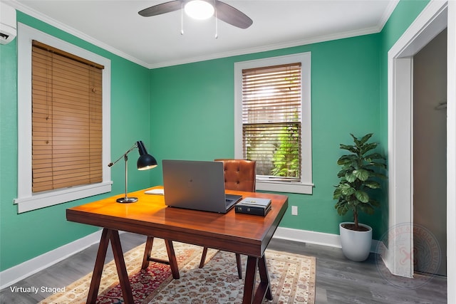 2616 45th St, Galveston, TX 77550 - home office with wood finished floors, baseboards, a ceiling fan, crown molding, and an AC wall unit