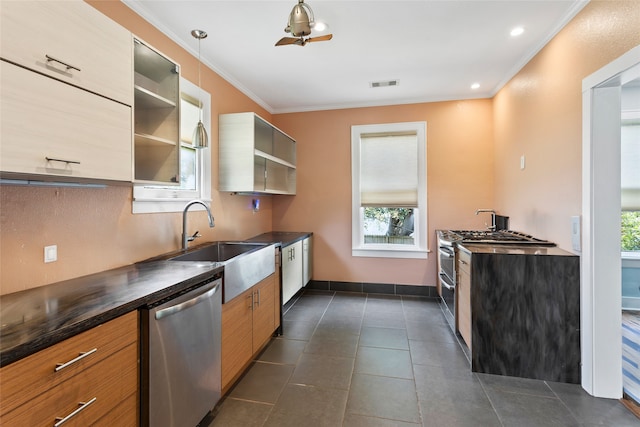 2616 45th St, Galveston, TX 77550 - kitchen featuring dishwasher, dark countertops, crown molding, a sink, and open shelves