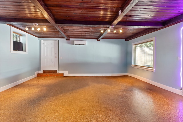 2616 45th St, Galveston, TX 77550 - empty room with wood ceiling with exposed beams, a wall mounted air conditioner, and baseboards