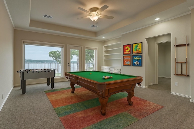 2815 Pine Arbor Dr, Montgomery, TX 77356 - rec room with carpet flooring, ceiling fan, baseboards, pool table, and recessed lighting