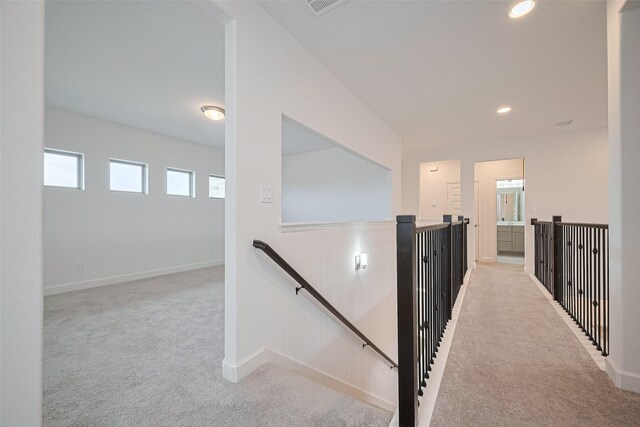 30351 Spragletop View St, Brookshire, TX 77423 - corridor with an upstairs landing, carpet flooring, baseboards, and recessed lighting