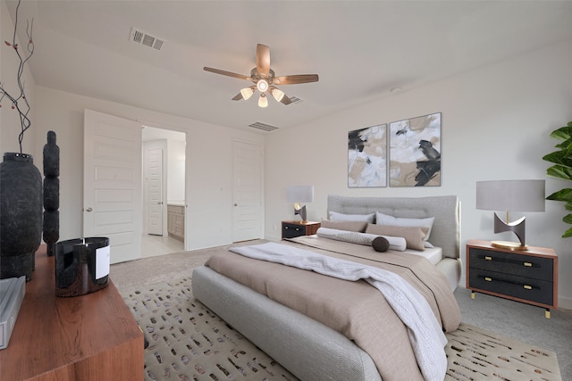 30351 Spragletop View St, Brookshire, TX 77423 - bedroom with light carpet, ensuite bathroom, and a ceiling fan